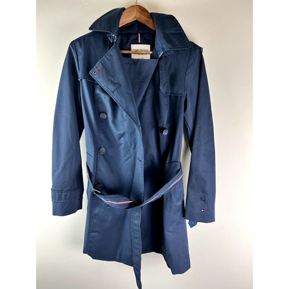 Tommy Hilfiger Navy raincoat w belt/hood SZ M - Picture 1 of 10